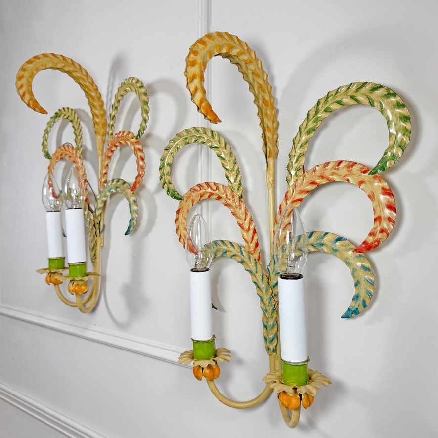 1970's Polychrome Feather Frond Wall Lights
