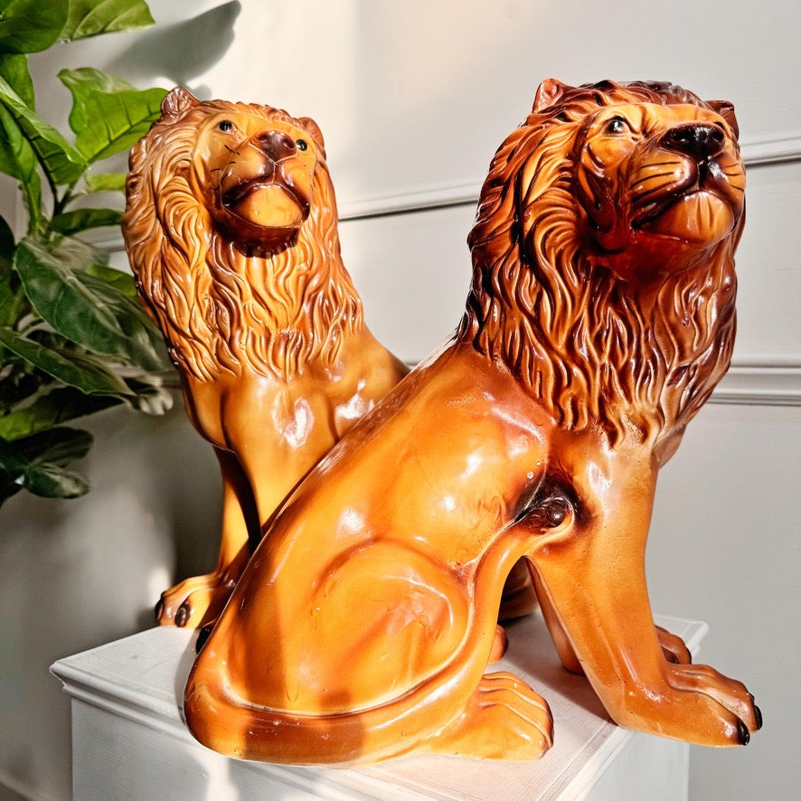 Pair of Staffordshire Pottery Lions