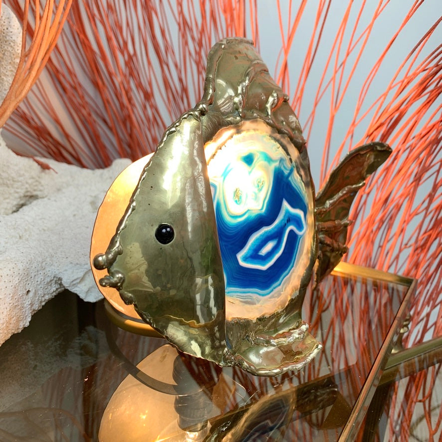 Jacques Duval-Brasseur Illuminated Blue Agate Gold Fish Lamp