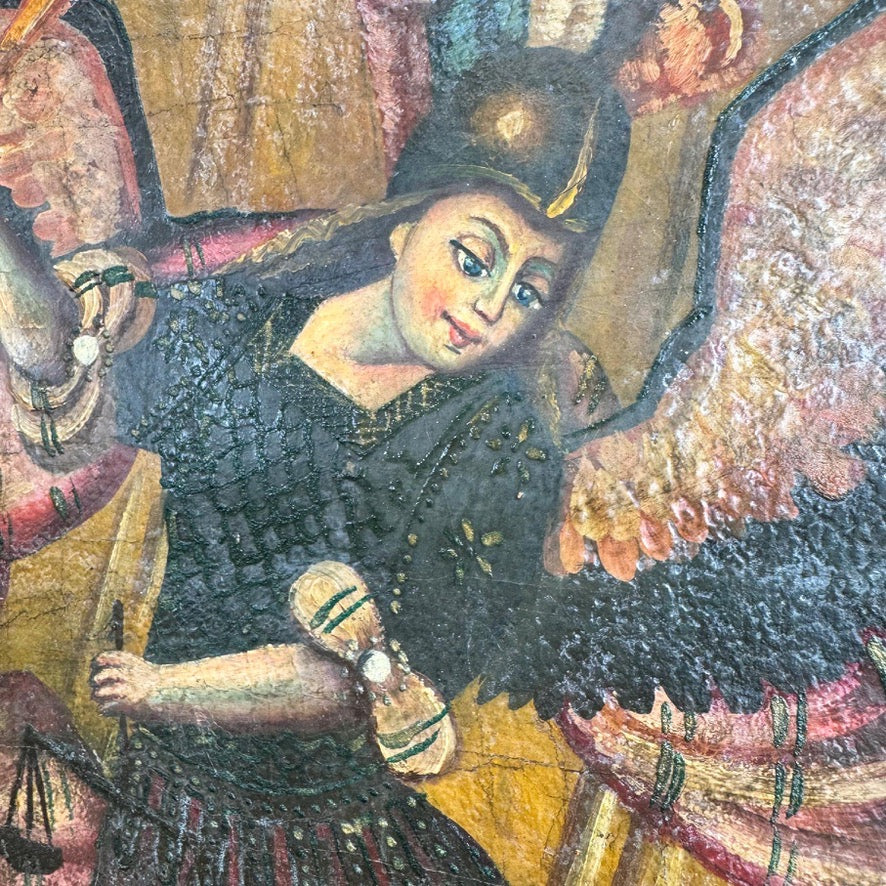 Cuzco School Oil Painting on Canvas of the Archangel Michael defeating Satan 18th Century