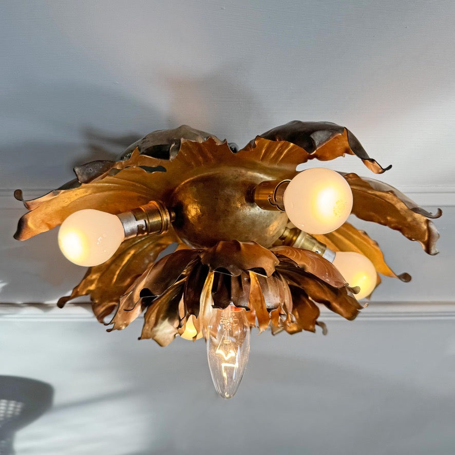 Mid Century Brutalist Copper and Brass Flower Ceiling Light