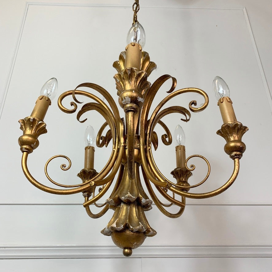 Italian Gold Wooden Scroll Chandelier 1960's