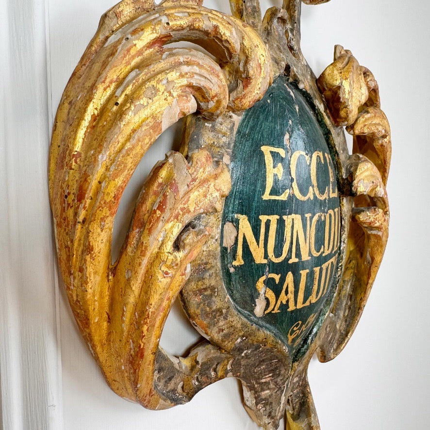 18th Century Giltwood Religious Shield Polychrome Painted