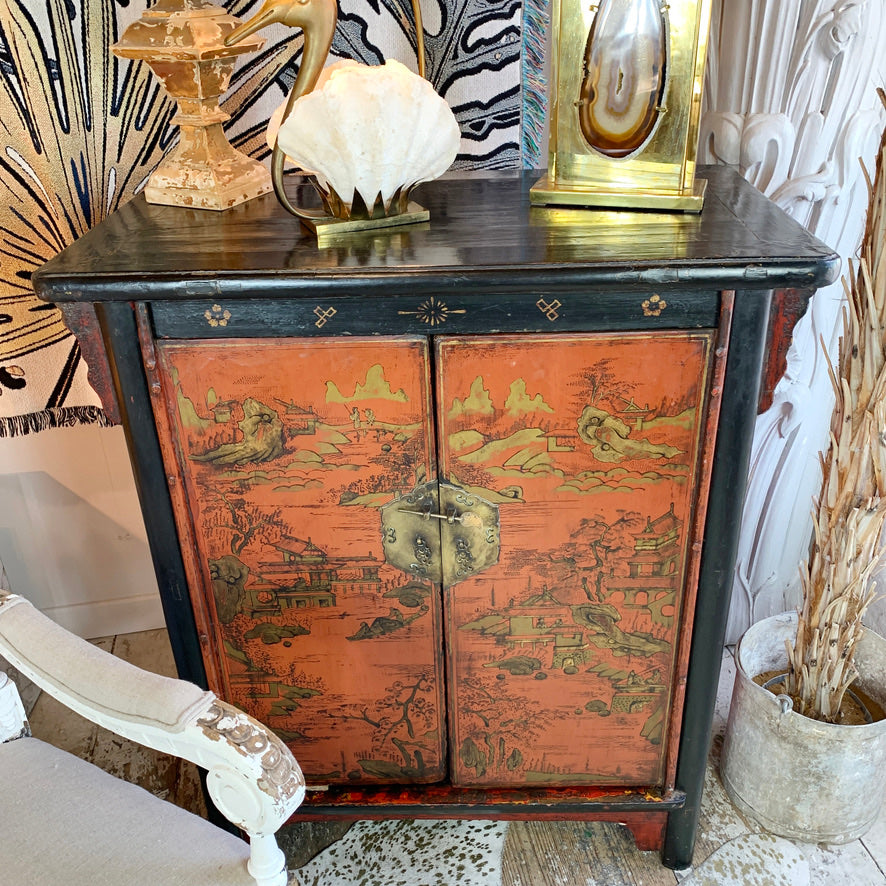 19th C Crimson Red On Black, Chinoiserie Cabinet