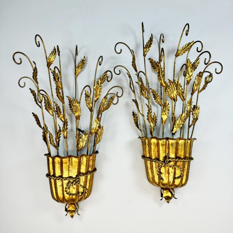 1950's Italian Gilt Scroll and Leaf Wall Lights