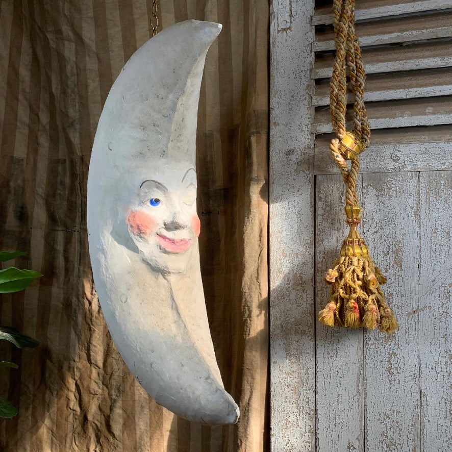 Large Folk Art Papier Mache Moon with Face