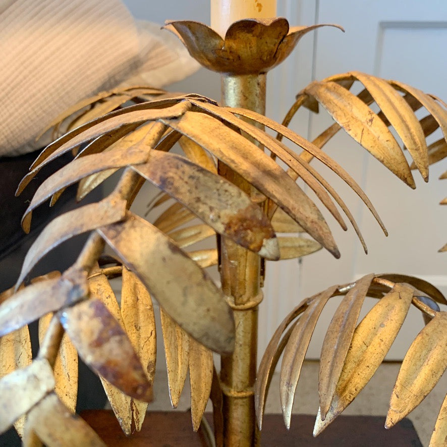 Italian Gold Faux Bamboo Leaf Table Lamp 1950's