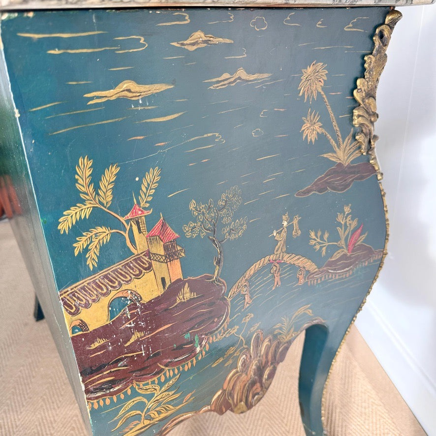 Antique Blue Chinoiserie Bombe Commode 19th Century France