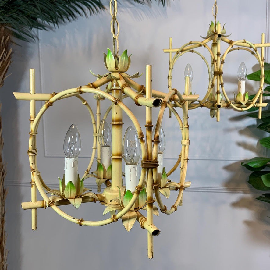 Pair of Faux Bamboo Pagoda Chandeliers Italy 1950's
