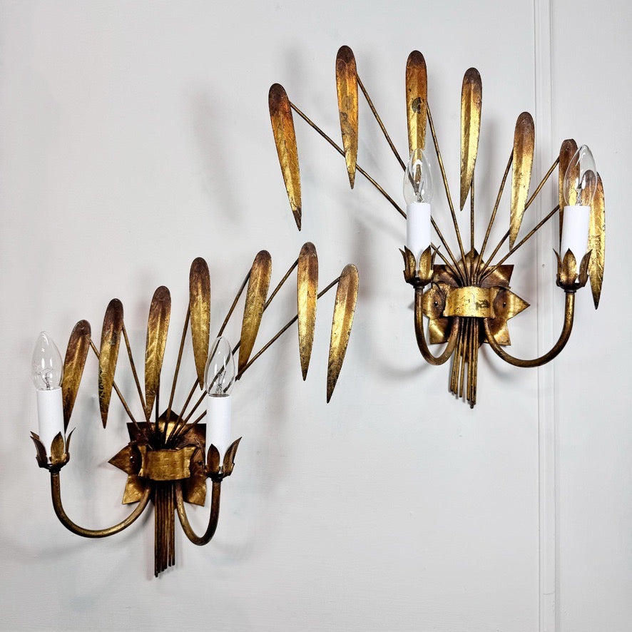 Vintage Pair of Ferro Art Gold Leaf Wall Lights