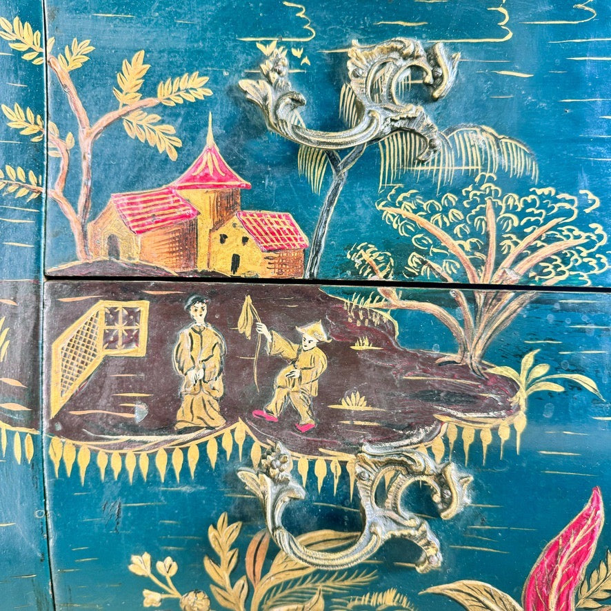 Antique Blue Chinoiserie Bombe Commode 19th Century France