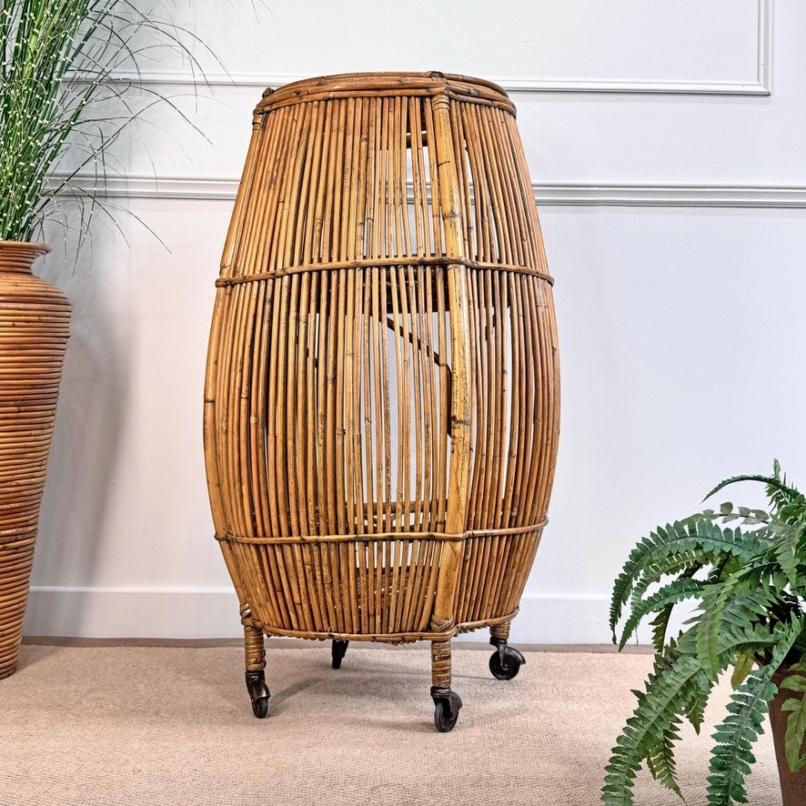 Mid-Century Italian Bamboo Barrel Bar Cart by Bonacina
