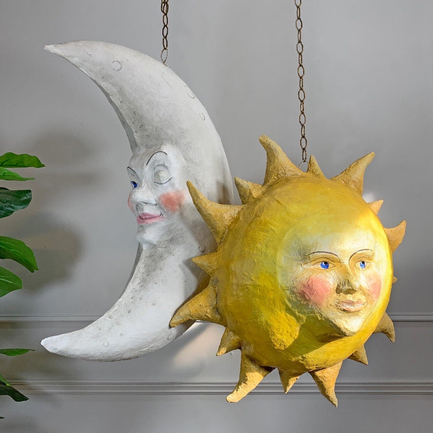 Large Folk Art Papier Mache Moon with Face