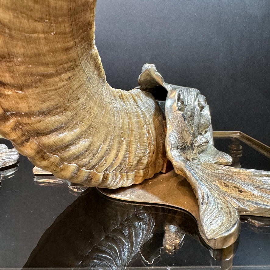 Gabriella Crespi 'Coppia di Delfini' Pair of Rams Horn and Silvered Bronze Mythical Dolphins Each Signed to Base
