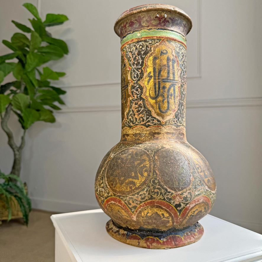 Algerian Darbuka Drum Polychrome and Gold Decorated Terracotta 19th Century