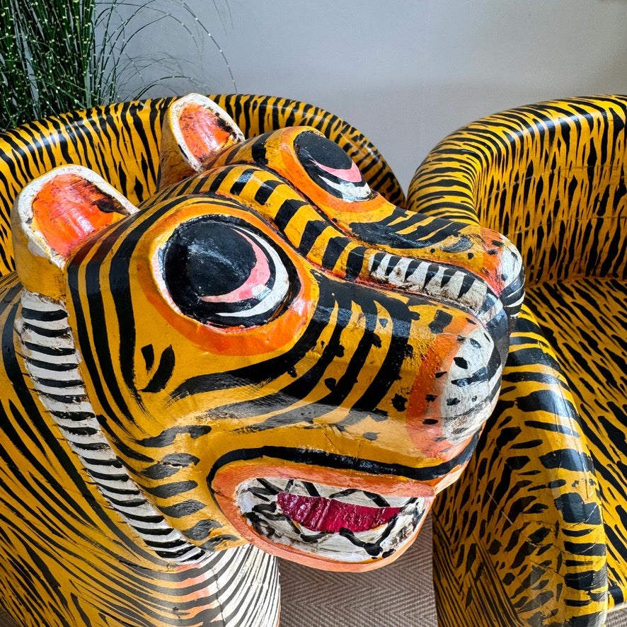 Vintage Pair of Indian Polychrome-Decorated Tiger Throne Chairs