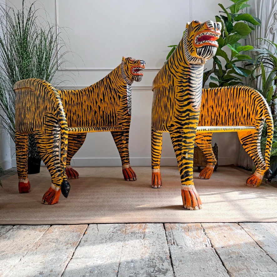 Vintage Pair of Indian Polychrome-Decorated Tiger Throne Chairs