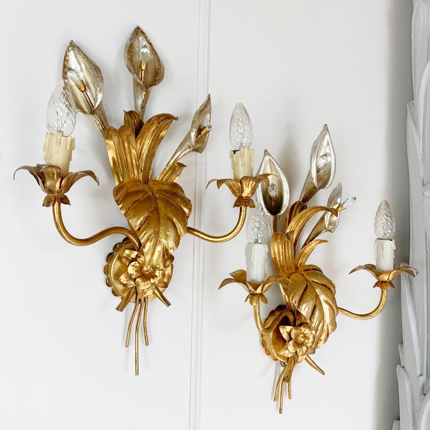 Pair of Hans Kogl Gold & Silver Calla Lily Wall Sconce, C 1970'S