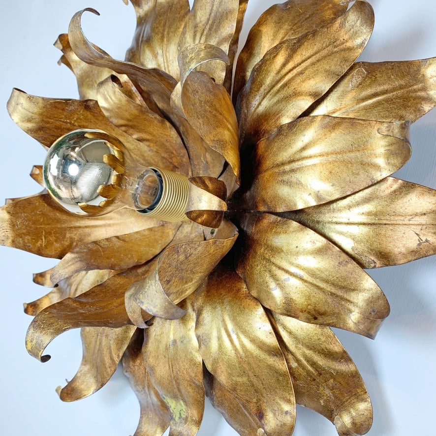 1960s Large Toleware Italian Gold Flower Light