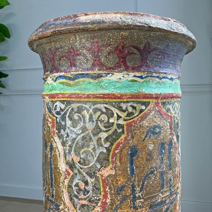 Algerian Darbuka Drum Polychrome and Gold Decorated Terracotta 19th Century