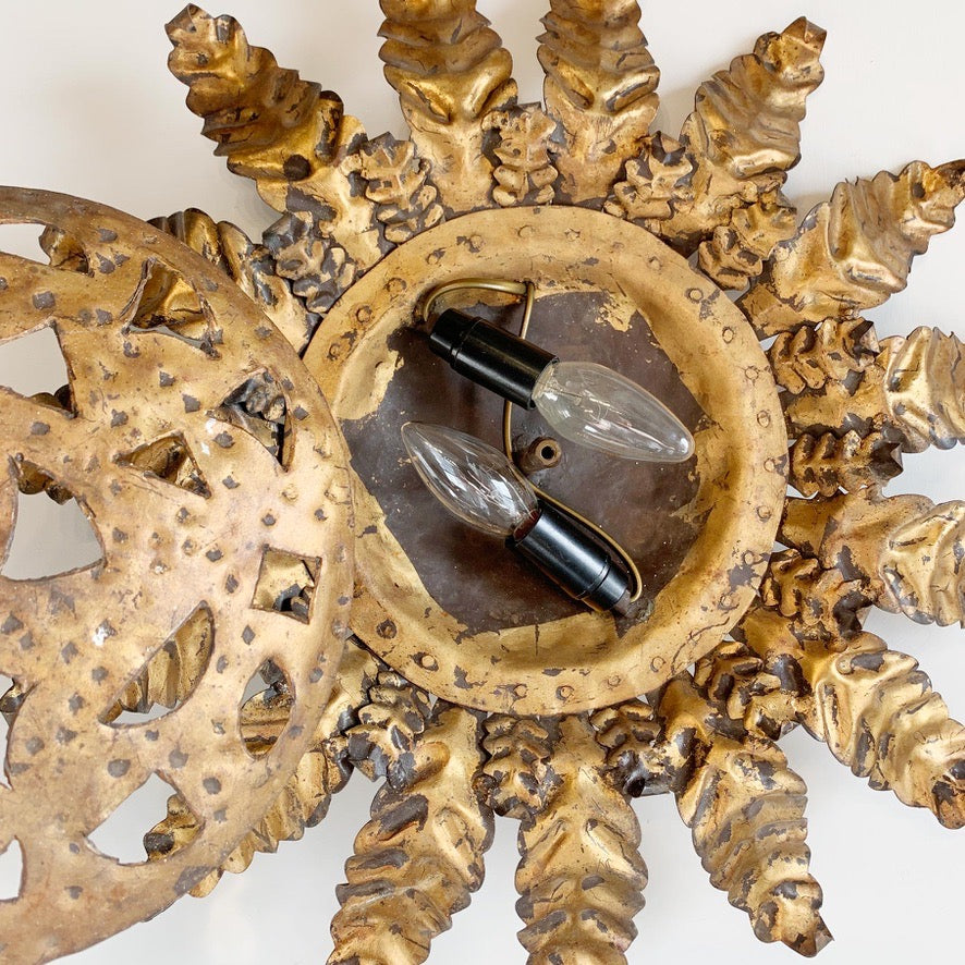 Gold Spanish Sunburst Light Light with Perforate Decorative Plate