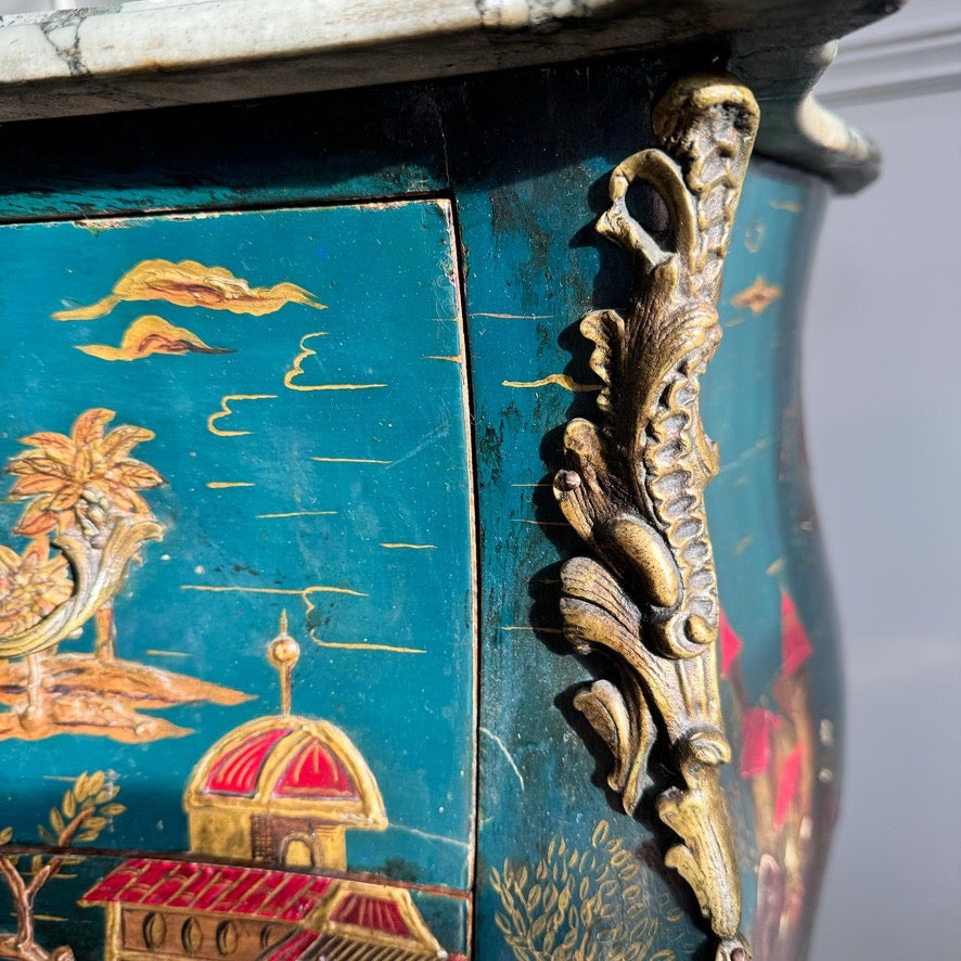Antique Blue Chinoiserie Bombe Commode 19th Century France