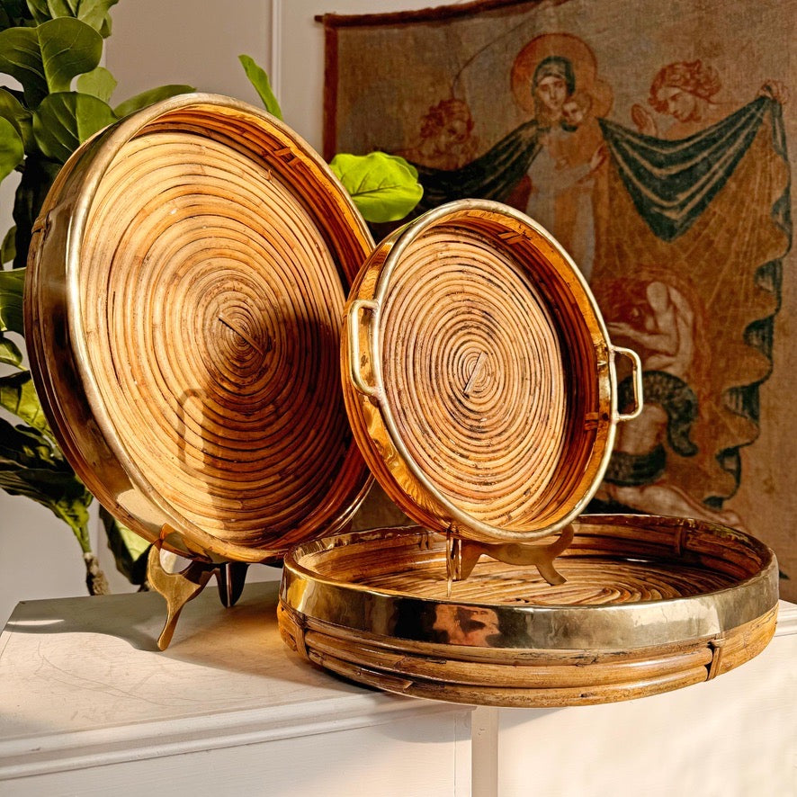 Gabriella Crespi Style Pencil Reed Banded Trays Set of 3