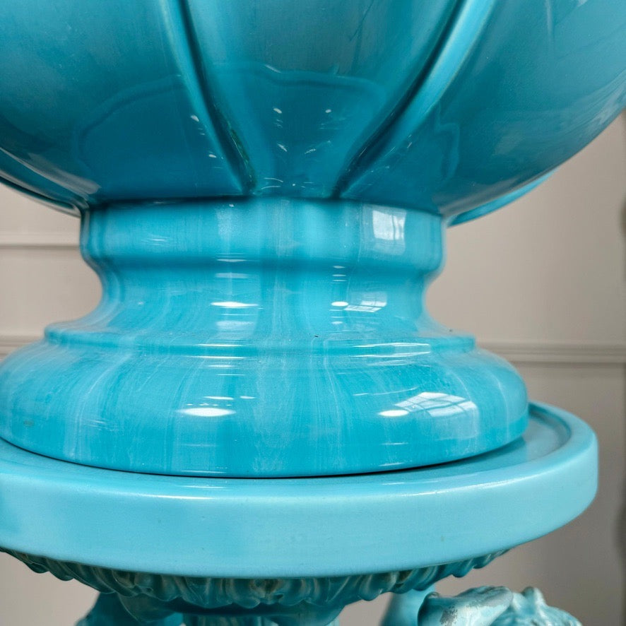 Jerome Massier Blue Glazed Faience Satyr Planter and Stand