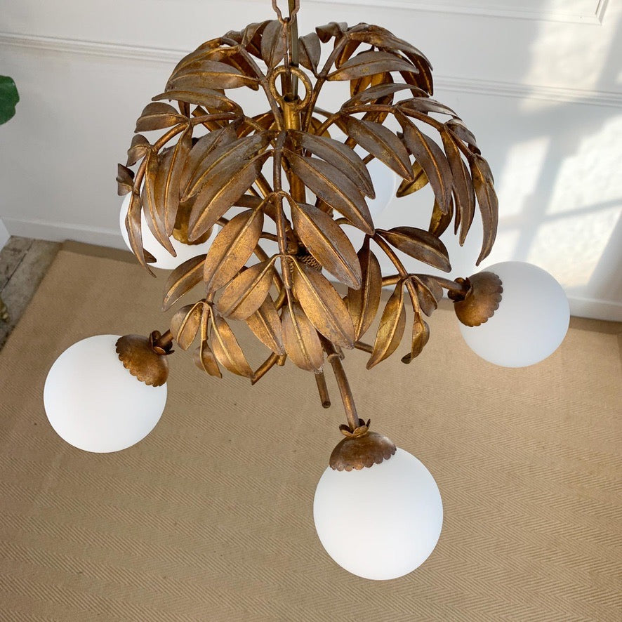 Hans Kogl Gilt Faux Bamboo Chandlier with Glass Globes