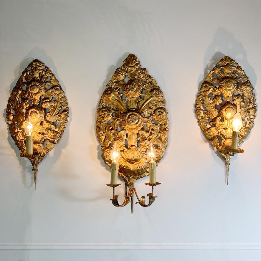 Set of 3 Gold Repousse Baroque Wall Sconces