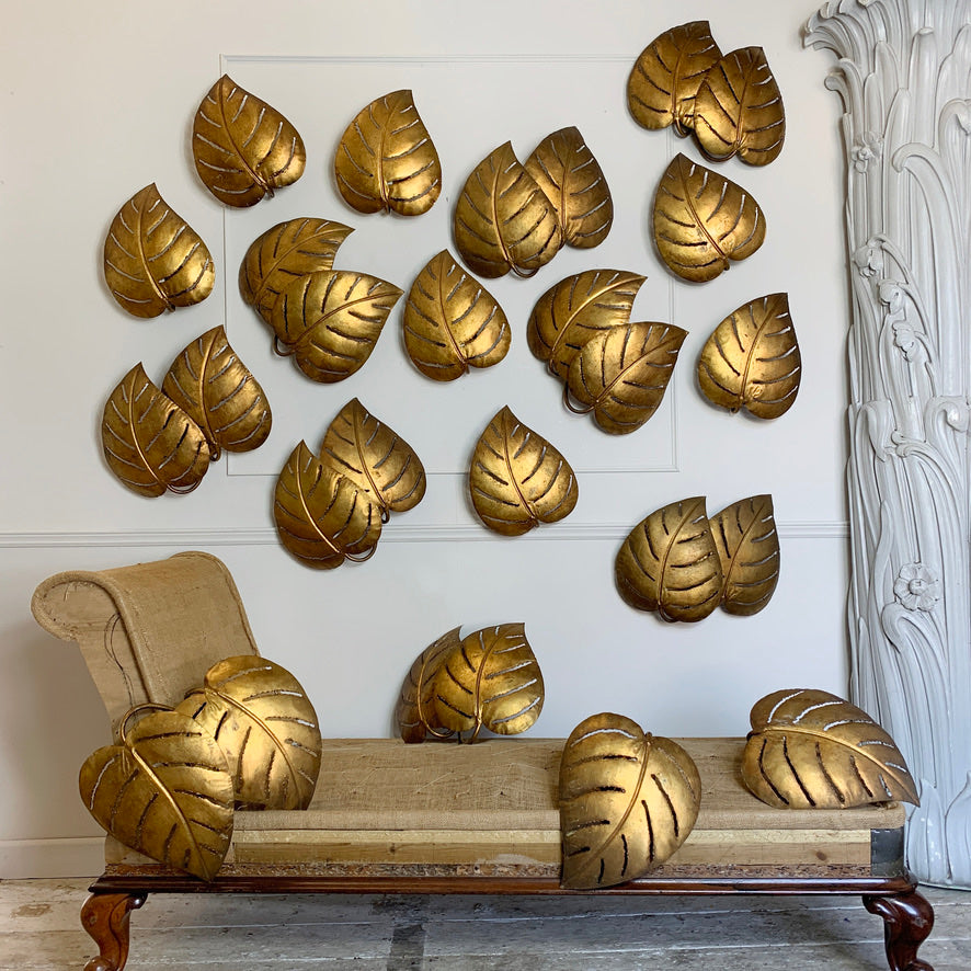 Maison Jansen Gold Monstera Double Leaf Wall Lights 1970's