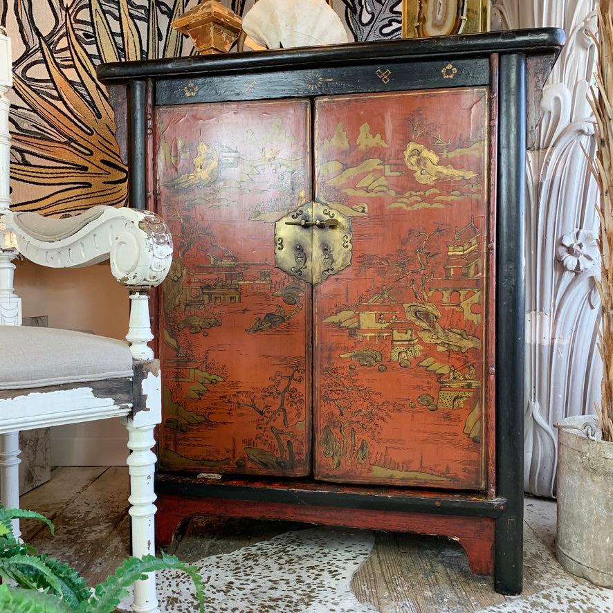 19th C Crimson Red On Black, Chinoiserie Cabinet