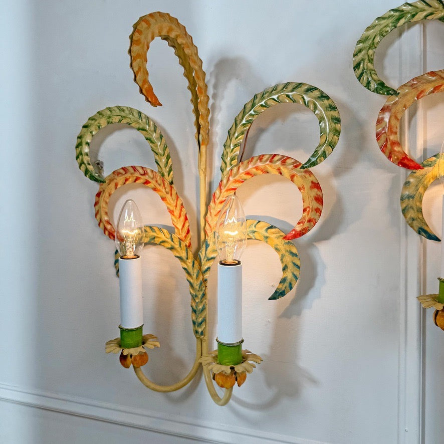 1970's Polychrome Feather Frond Wall Lights