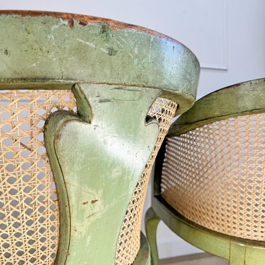 Pair of 19th Century Green Queen Anne Revival Chinoiserie Bergere Chairs