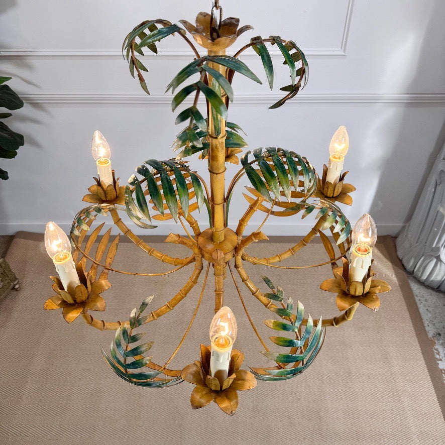 Large Faux Bamboo Palm Leaf Italian Tole Chandelier 1960's