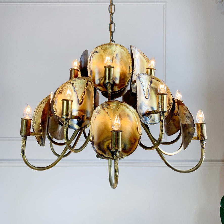 Modernist Gold Brutalist Chandelier by Tom Greene for Feldman