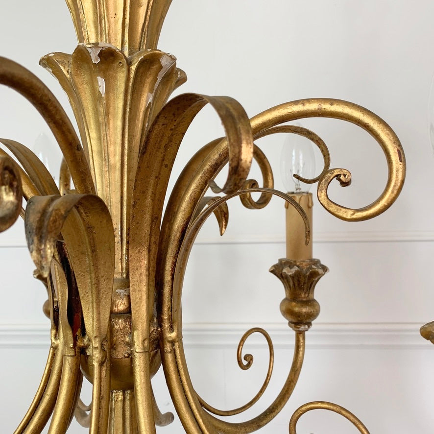 Italian Gold Wooden Scroll Chandelier 1960's
