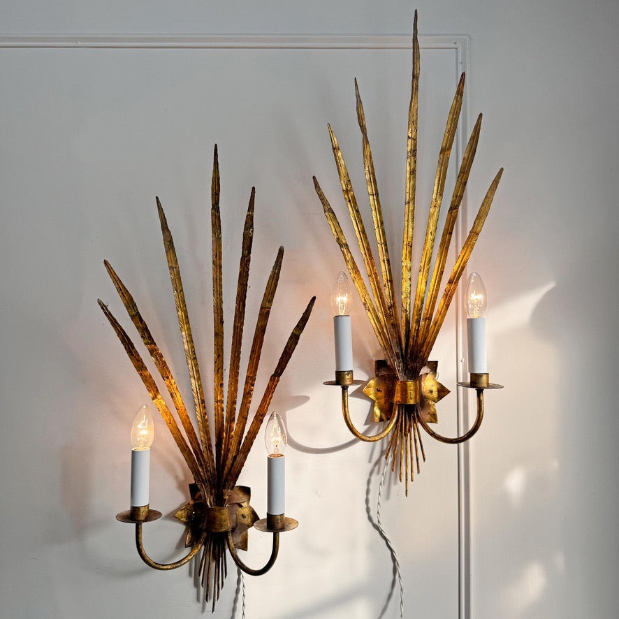 Pair of Vintage Gold Reed Leaf Wall Lights by Ferrocolor Spain 1950's
