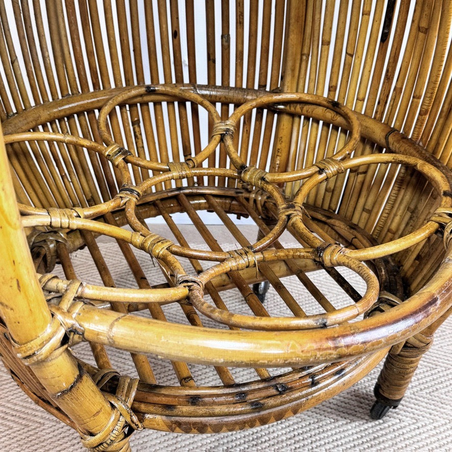 Mid-Century Italian Bamboo Barrel Bar Cart by Bonacina