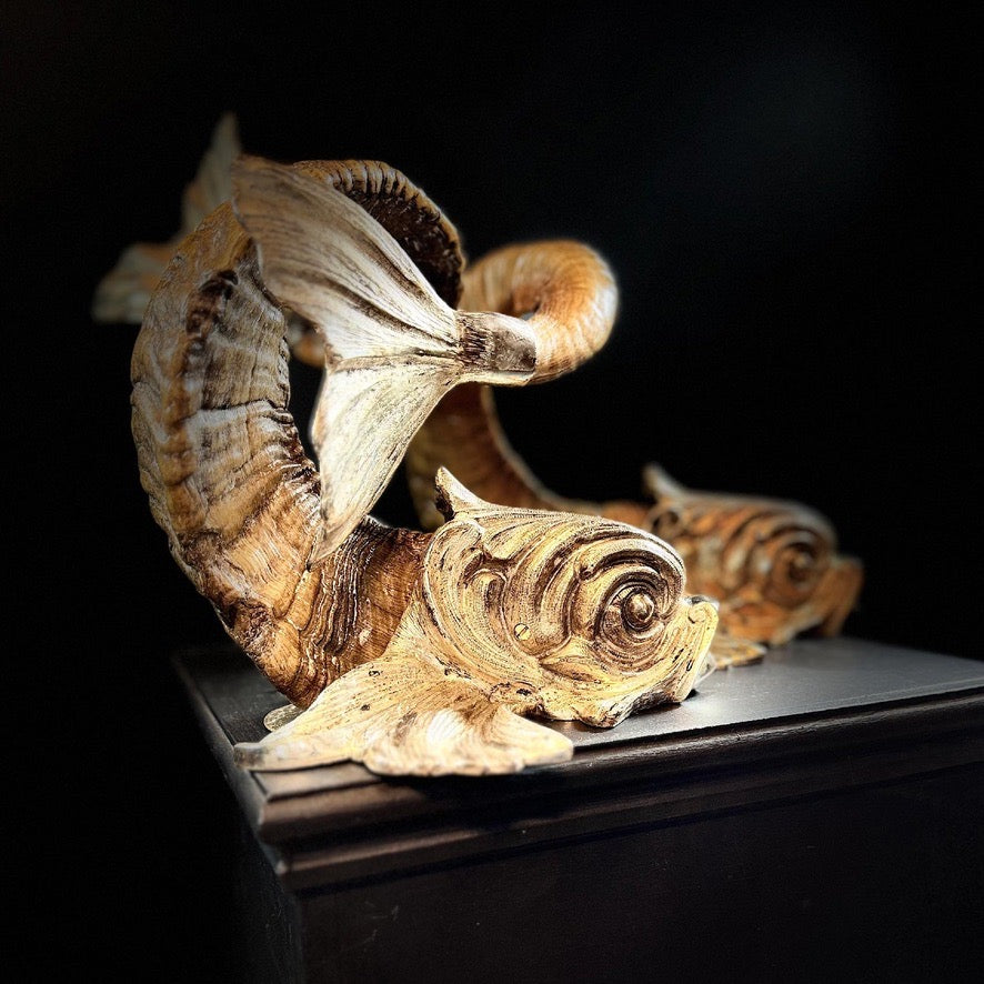 Gabriella Crespi 'Coppia di Delfini' Pair of Rams Horn and Silvered Bronze Mythical Dolphins Each Signed to Base