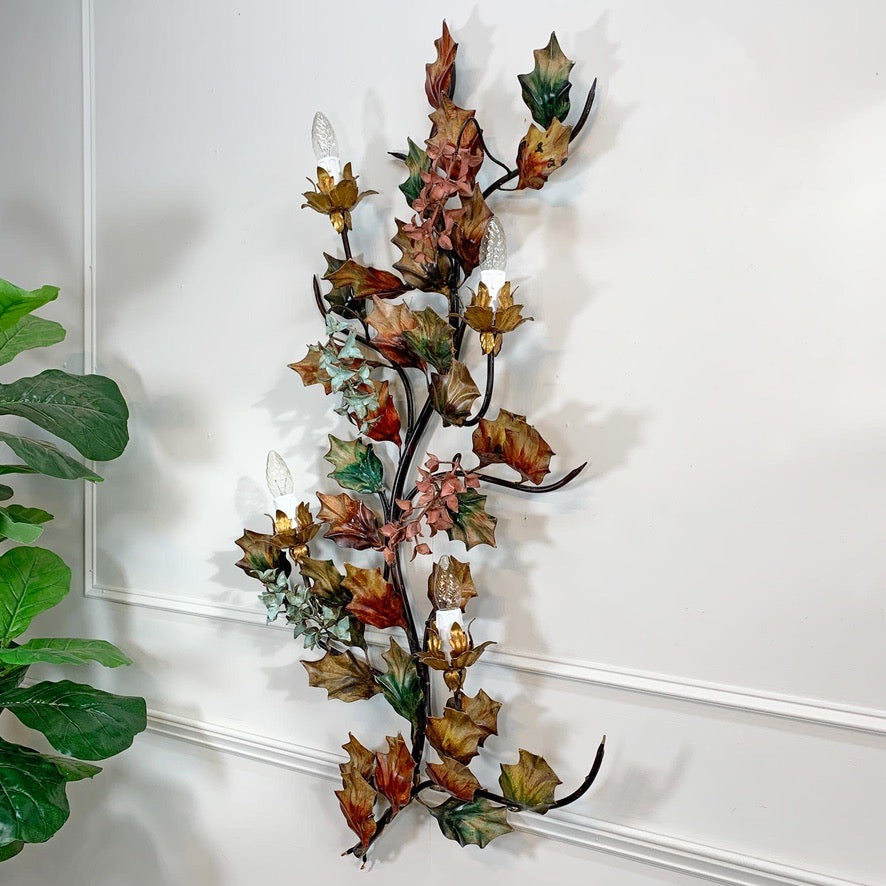 Exceptional Italian Hand Painted Holly Leaf Wall Sconce of Huge Scale