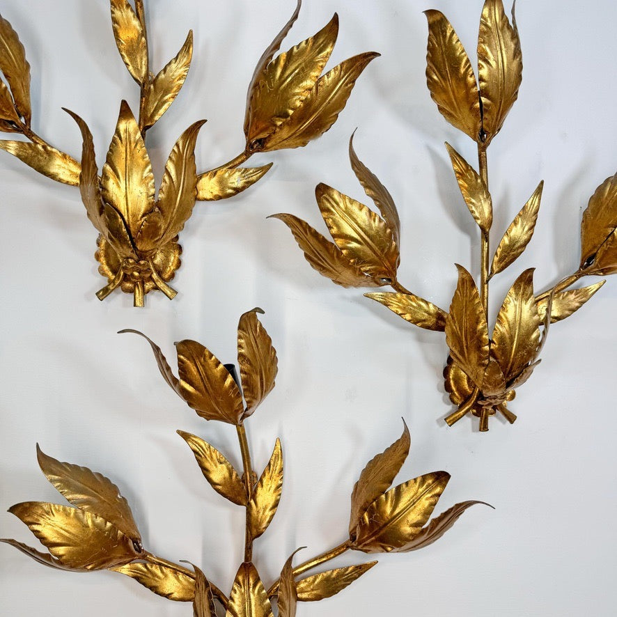 Set of 3 Large Original Hans Kogl 1970's Gilt Leaf Wall Lights