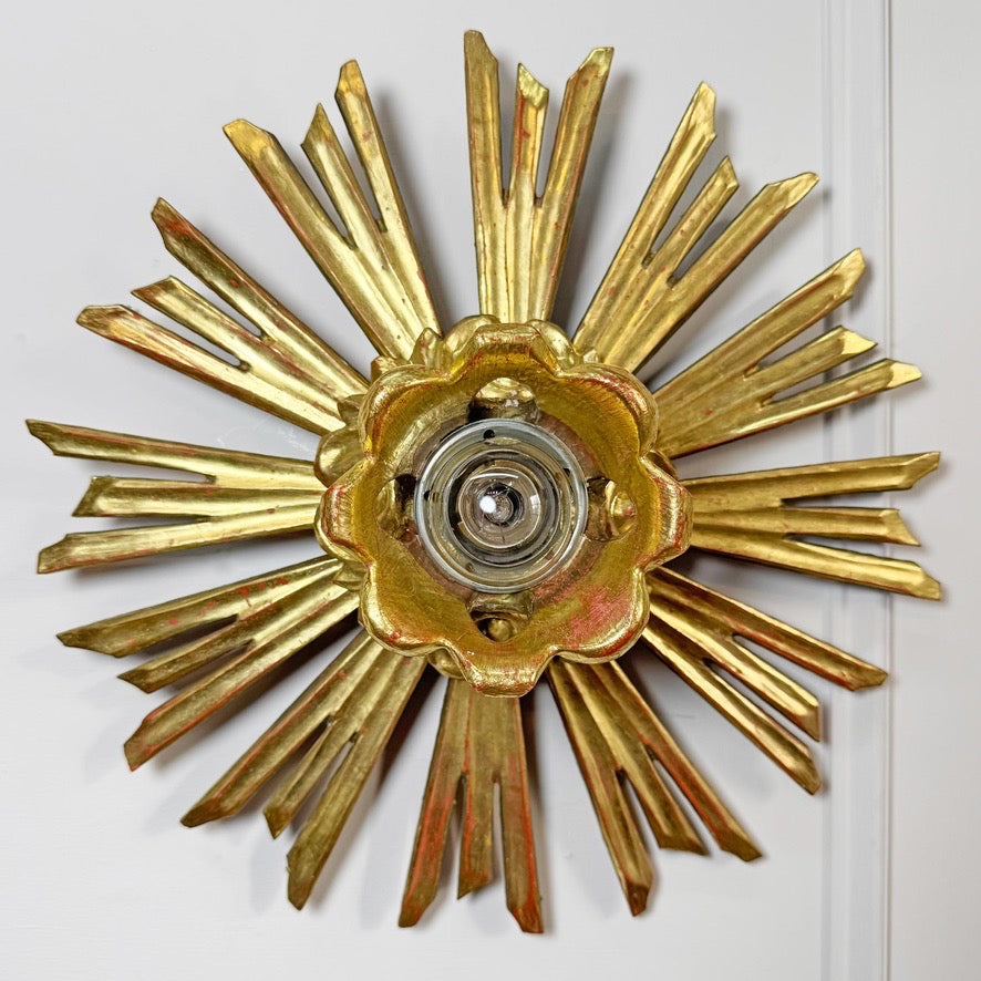 Antique Water Gilt Wood Chapel Sunburst Flush Light