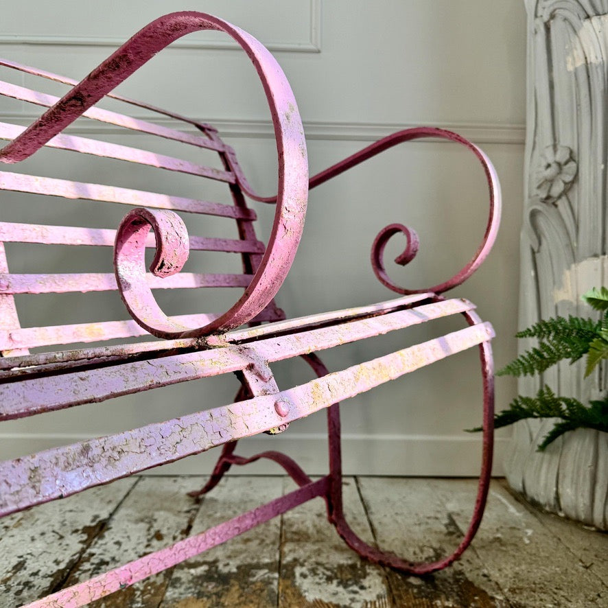 Early Victorian Scroll Arm Wrought Iron Pink Bench of Exceptional Proportions