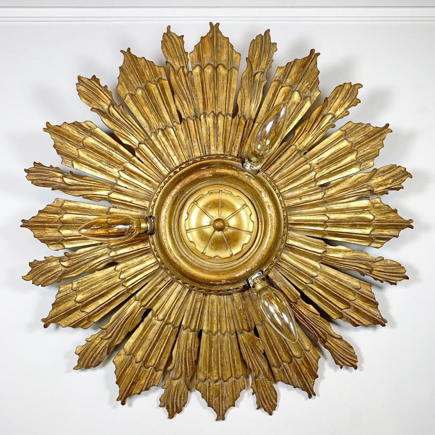 Carved Gilt Wood Church Sunburst Light Circa 1920