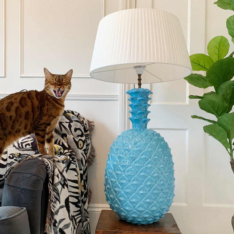 Exceptional Italian Blue Ceramic Pineapple Lamp of Huge Proportions 1960's