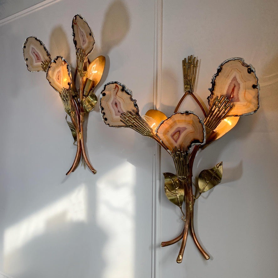 Henri Fernandez Signed Agate and Brass Wall Lights