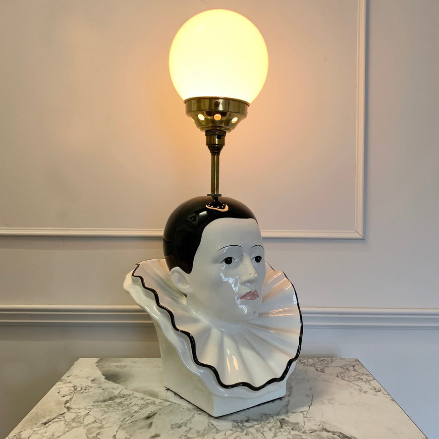 1980's White Ceramic pierrot & globe table lamp