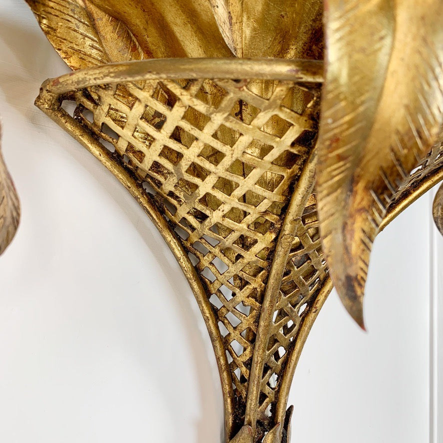 Pair of Italian Gilt Tole Palm Leaf and Coronet Wall Lights
