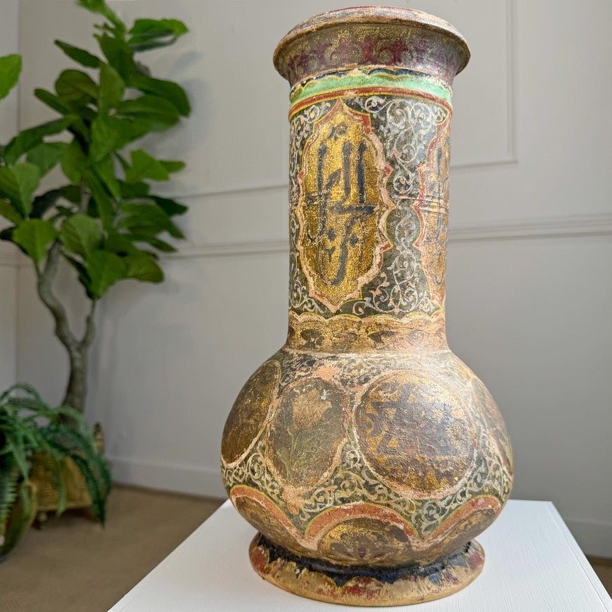 Algerian Darbuka Drum Polychrome and Gold Decorated Terracotta 19th Century